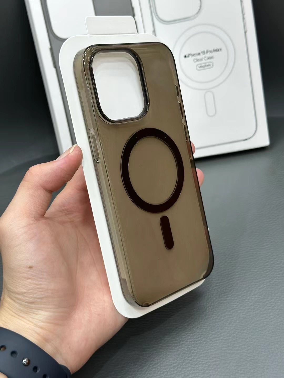 Transparent Smoke Grey Gloss Finish Magsafe Compatible Case with Animation/Notification for iPhone 15 Pro