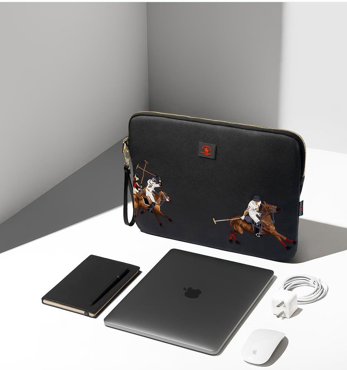 Santa Barbara Polo Embroided Black PU Leather Macbook Sleeve for Macbook 13"/14"/ iPad Pro 12.9
