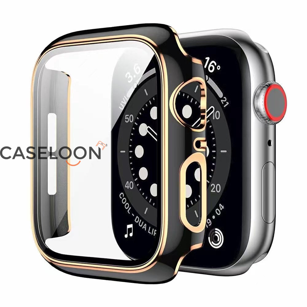 Black 44 mm Watch Case Compatible for Apple Watch Series 4/5/6/SE 44mm Case with Screen Protector With Fine Golden Outline (Black)
