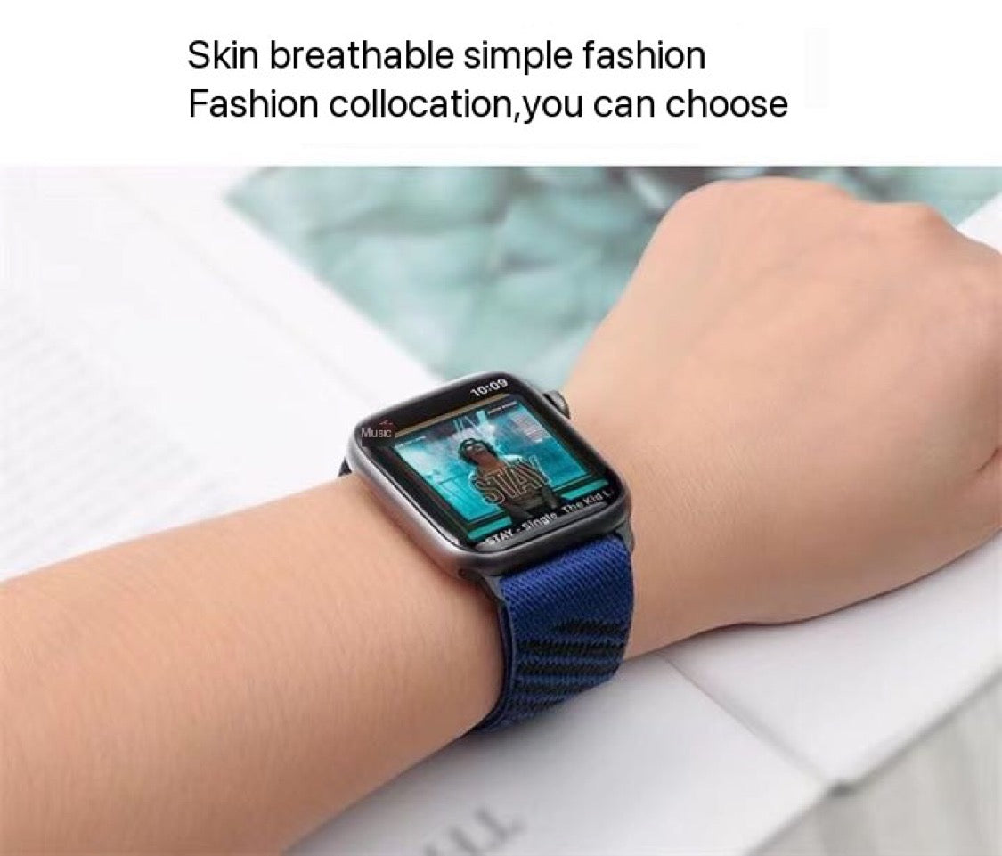 Nylon Solo Loop Strap Bands for Apple Watch 42mm 44mm 45mm 49 mm Adjustable Stretch Elastics Weave - BLACK/BLUE