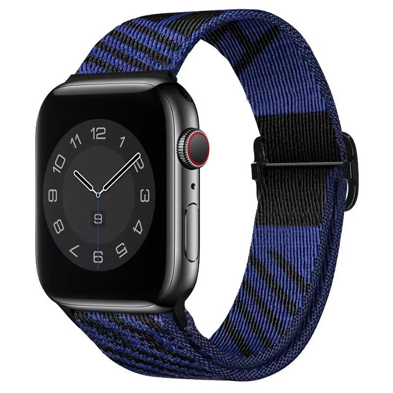 Nylon Solo Loop Strap Bands for Apple Watch 42mm 44mm 45mm 49 mm Adjustable Stretch Elastics Weave - BLACK/BLUE