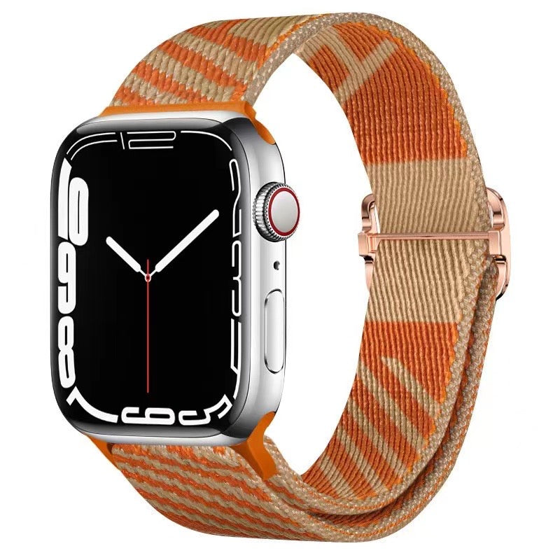 Nylon Solo Loop Strap Bands for Apple Watch 42mm 44mm 45mm 49 mm Adjustable Stretch Elastics Weave - ORANGE/KHAKI