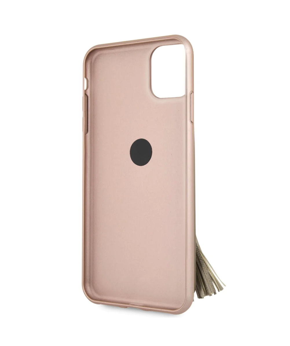 iPhone 13 LEATHER CASE PINK SAFFIANO COLLECTION WITH RING STAND & TASSLE - GUESS