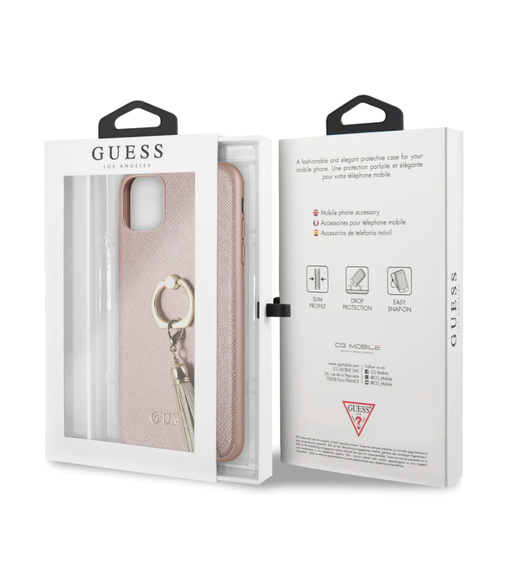 iPhone 13 LEATHER CASE PINK SAFFIANO COLLECTION WITH RING STAND & TASSLE - GUESS