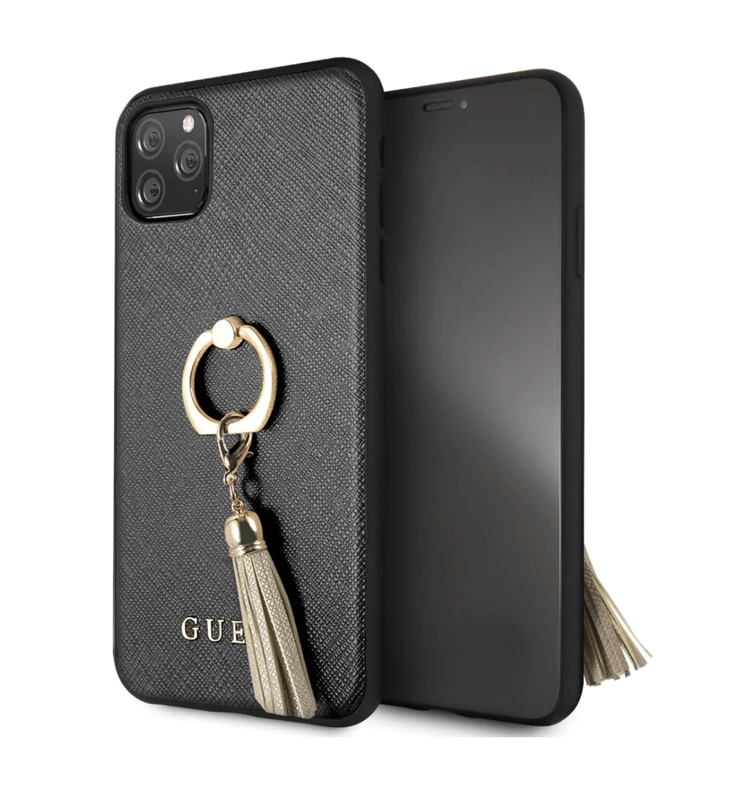 iPhone 13 LEATHER CASE BLACK SAFFIANO COLLECTION WITH RING STAND & TASSLE - GUESS