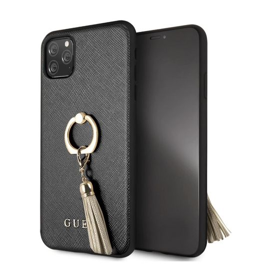 iPhone 12 Pro Max LEATHER CASE BLACK SAFFIANO COLLECTION WITH RING STAND & TASSLE - GUESS