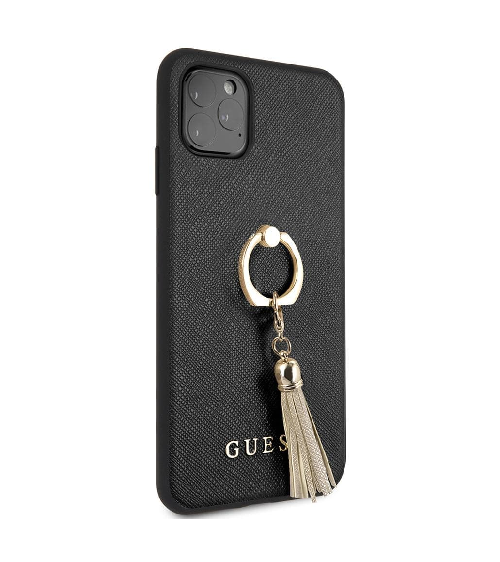 iPhone 13 LEATHER CASE BLACK SAFFIANO COLLECTION WITH RING STAND & TASSLE - GUESS