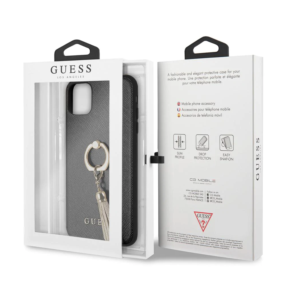 iPhone 13 LEATHER CASE BLACK SAFFIANO COLLECTION WITH RING STAND & TASSLE - GUESS