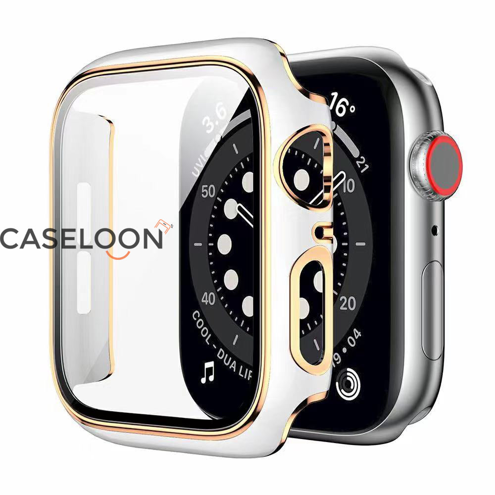 White 44 mm Watch Case Compatible for Apple Watch Series 4/5/6/SE 44mm Case with Screen Protector With Fine Golden Outline (White)