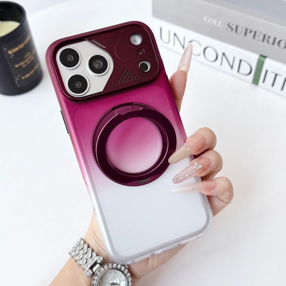 Dual Colour Matte Finish MagSafe 360° Rotating Stand With Metal Camera Cover  Hard Case For iPhone 17 Pro / 18 Pro (Burgundy)