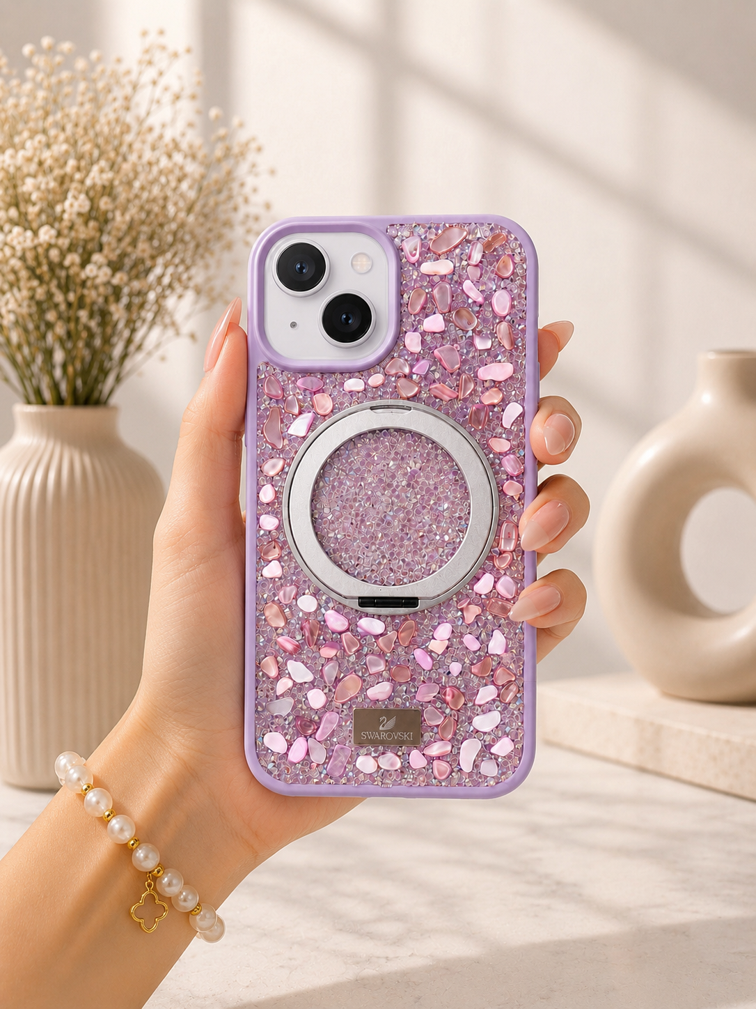Swarovski Glitter Stone Design MagSafe Stand Case For iPhone 15(Purple)
