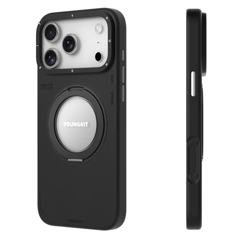 YOUNGKIT  Rotating Magsafe Stand  Shockproof TPU + PU Leather Phone Back Cover for iPhone 17 Pro - BLACK