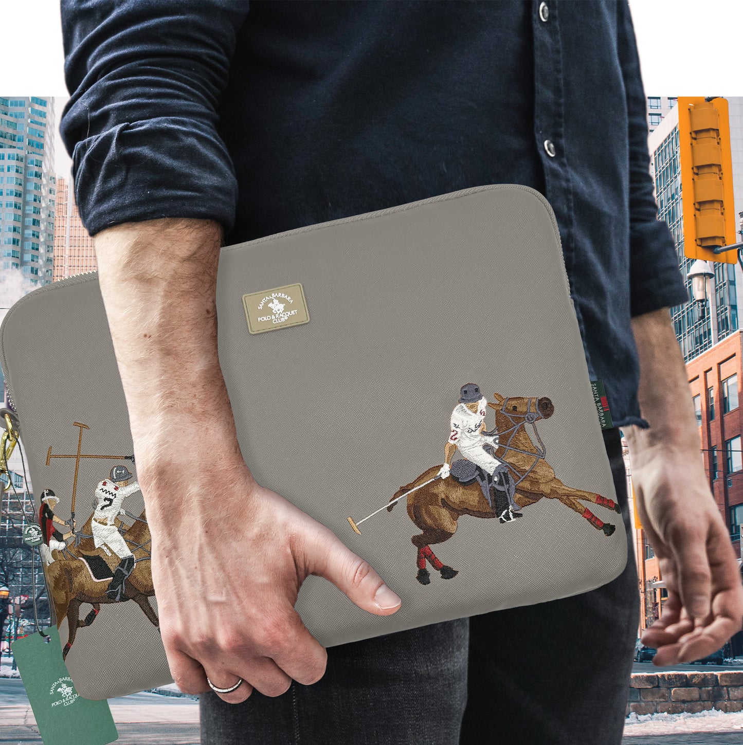 Santa Barbara Polo Embroided Grey PU Leather Macbook Sleeve for Macbook 13"/14"/ iPad Pro 12.9
