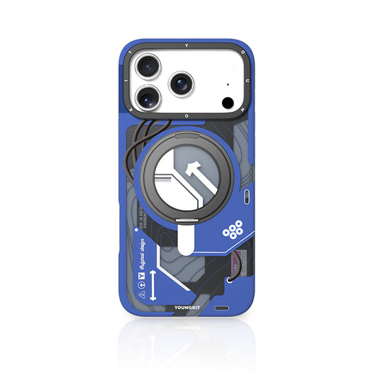 YOUNGKIT Cyberpunk 360° Rotation Ring Stand Case for iPhone 17 Pro Max (BLUE)