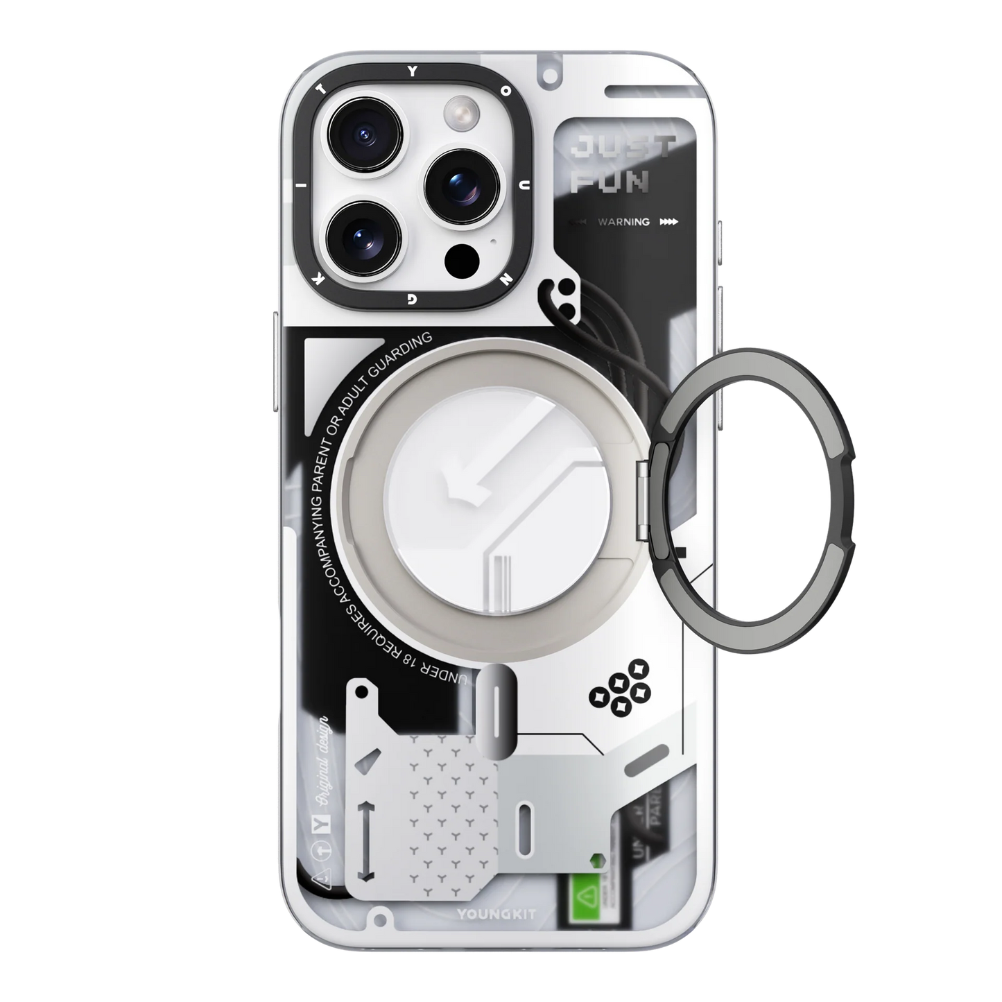 YOUNGKIT Cyberpunk 360° Rotation Ring Stand Case for iPhone 16 Pro (White)