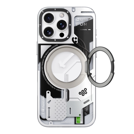 YOUNGKIT Cyberpunk 360° Rotation Ring Stand Case for iPhone 16 Pro Max (White)