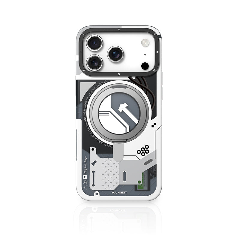 YOUNGKIT Cyberpunk 360° Rotation Ring Stand Case for iPhone 17 Pro Max (WHITE)