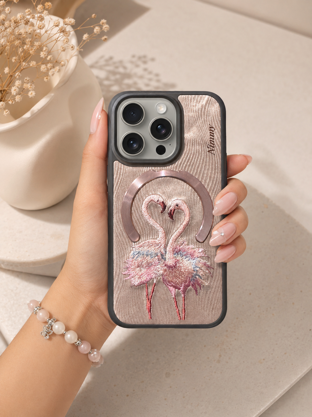 Nimmy Pink Flamingo Embrioded Case For iPhone 15 Pro (Light Pink)