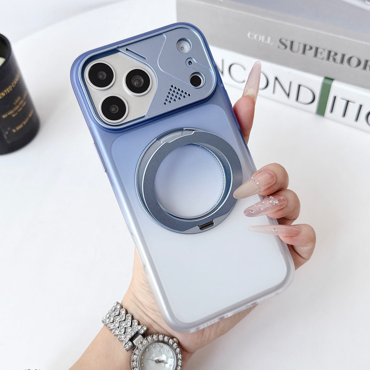 Dual Colour Matte Finish MagSafe 360° Rotating Stand With Metal Camera Cover  Hard Case For iPhone 17 Pro / 18 Pro (Glacier Blue)