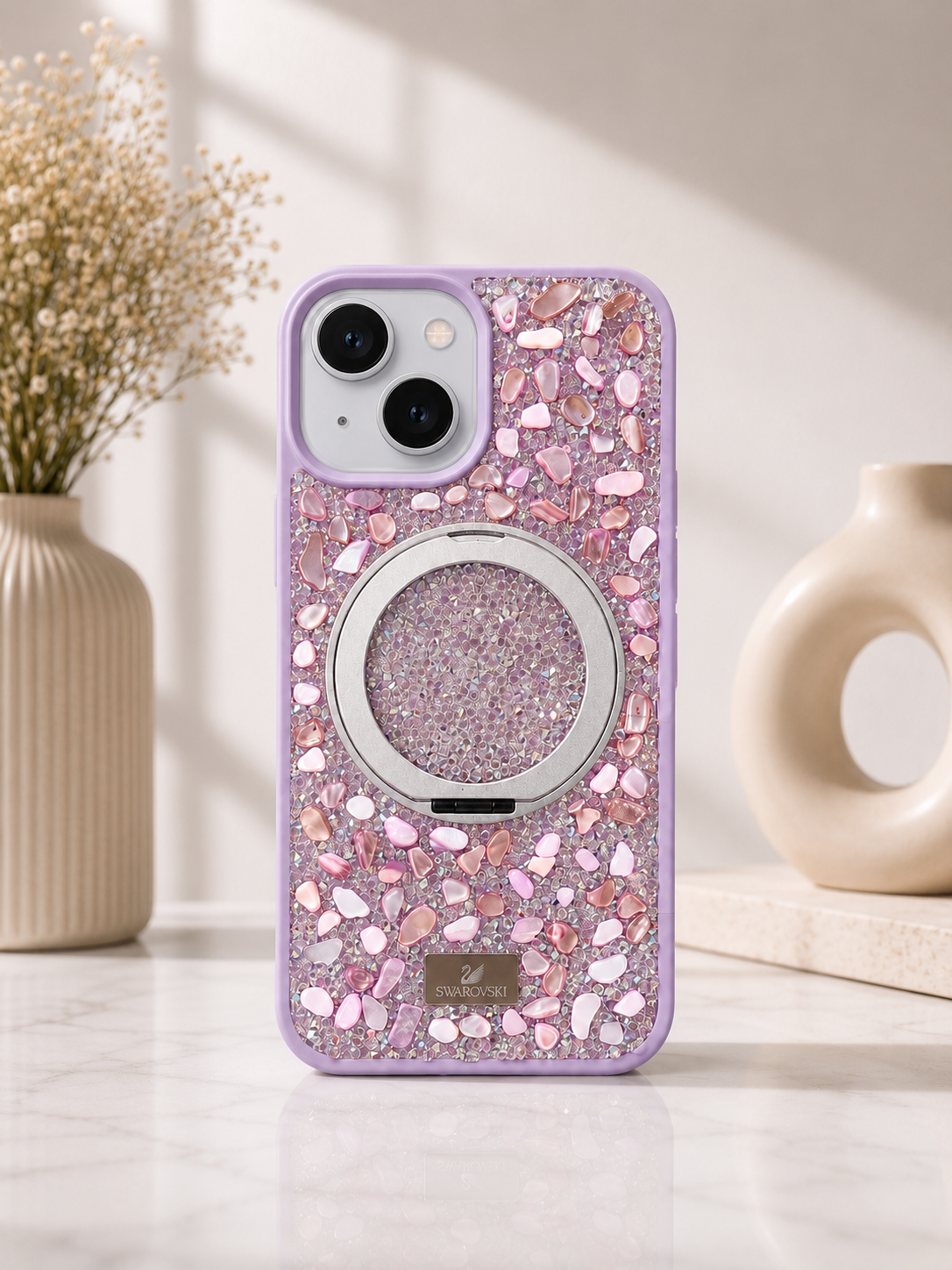 Swarovski Glitter Stone Design MagSafe Stand Case For iPhone 15(Purple)