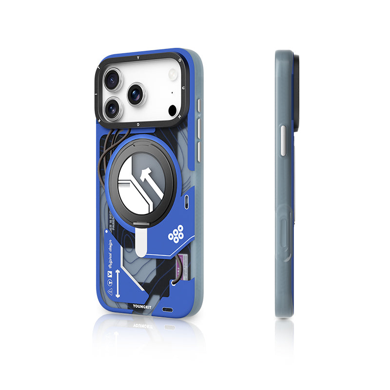 YOUNGKIT Cyberpunk 360° Rotation Ring Stand Case for iPhone 17 Pro Max (BLUE)