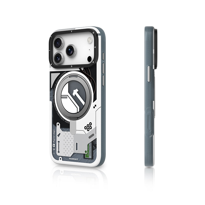YOUNGKIT Cyberpunk 360° Rotation Ring Stand Case for iPhone 17 Pro Max (WHITE)