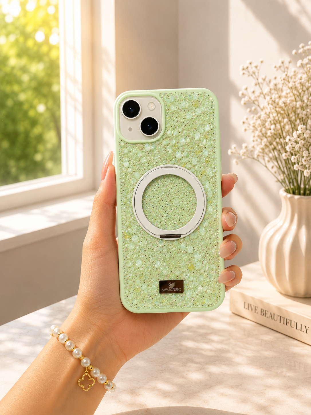 Swarovski Glitter Stone Design MagSafe Stand Case For iPhone 15 Plus (L.Green)