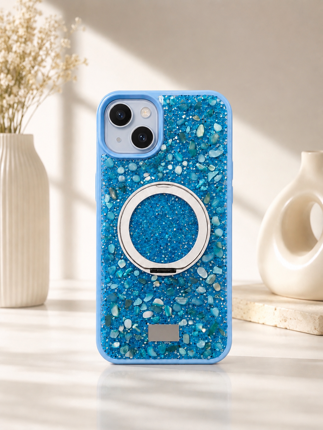 Swarovski Glitter Stone Design MagSafe Stand Case For iPhone 15 Plus (Blue)