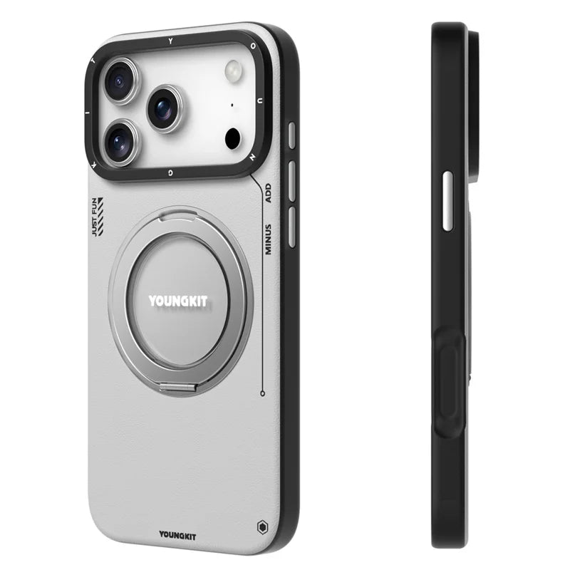 YOUNGKIT  Rotating Magsafe Stand  Shockproof TPU + PU Leather Phone Back Cover for iPhone 17 ProMax - GREY