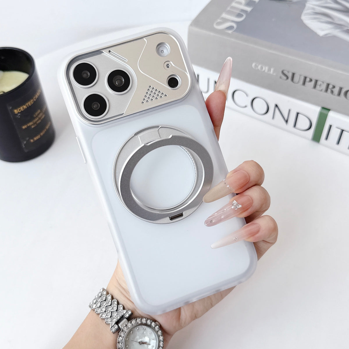 Dual Colour Matte Finish MagSafe 360° Rotating Stand With Metal Camera Cover  Hard Case For iPhone 17 Pro Max / 18 Pro Max (Silver)