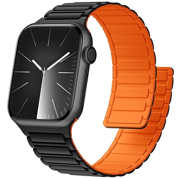 Liquid Silicon Sports Style Magnetic Watch Band for Apple Watch 42/44/45 & 49 mm (Black + Orange)