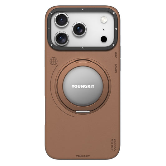 YOUNGKIT  Rotating Magsafe Stand  Shockproof TPU + PU Leather Phone Back Cover for iPhone 17 Pro - TAN BROWN