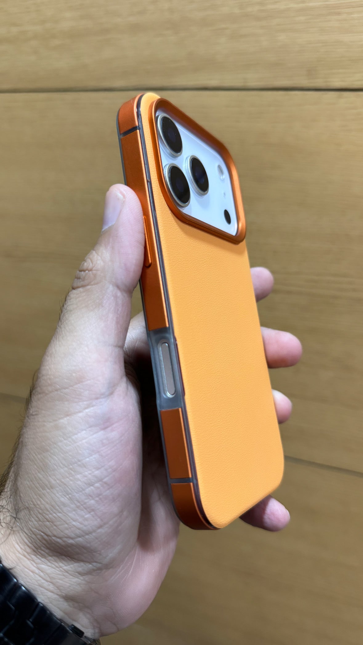PU Leather Finish Metal Alloy Bumper Case for iPhone 17 Pro Max (ORANGE)