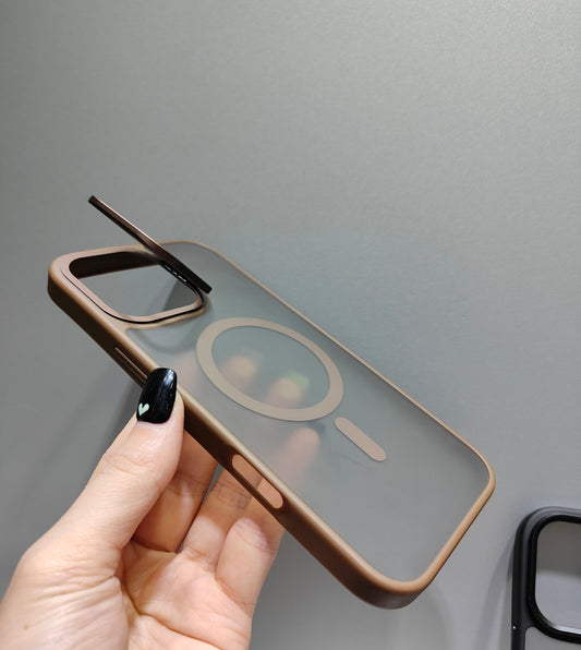 Magsafe Compatible Matte Finish Camera Stand Case for iPhone 16 Pro Max (Brown)