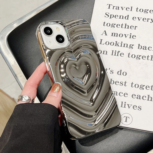 3D Silver Heart Designer Silicon Case for iPhone 15 (Silver)