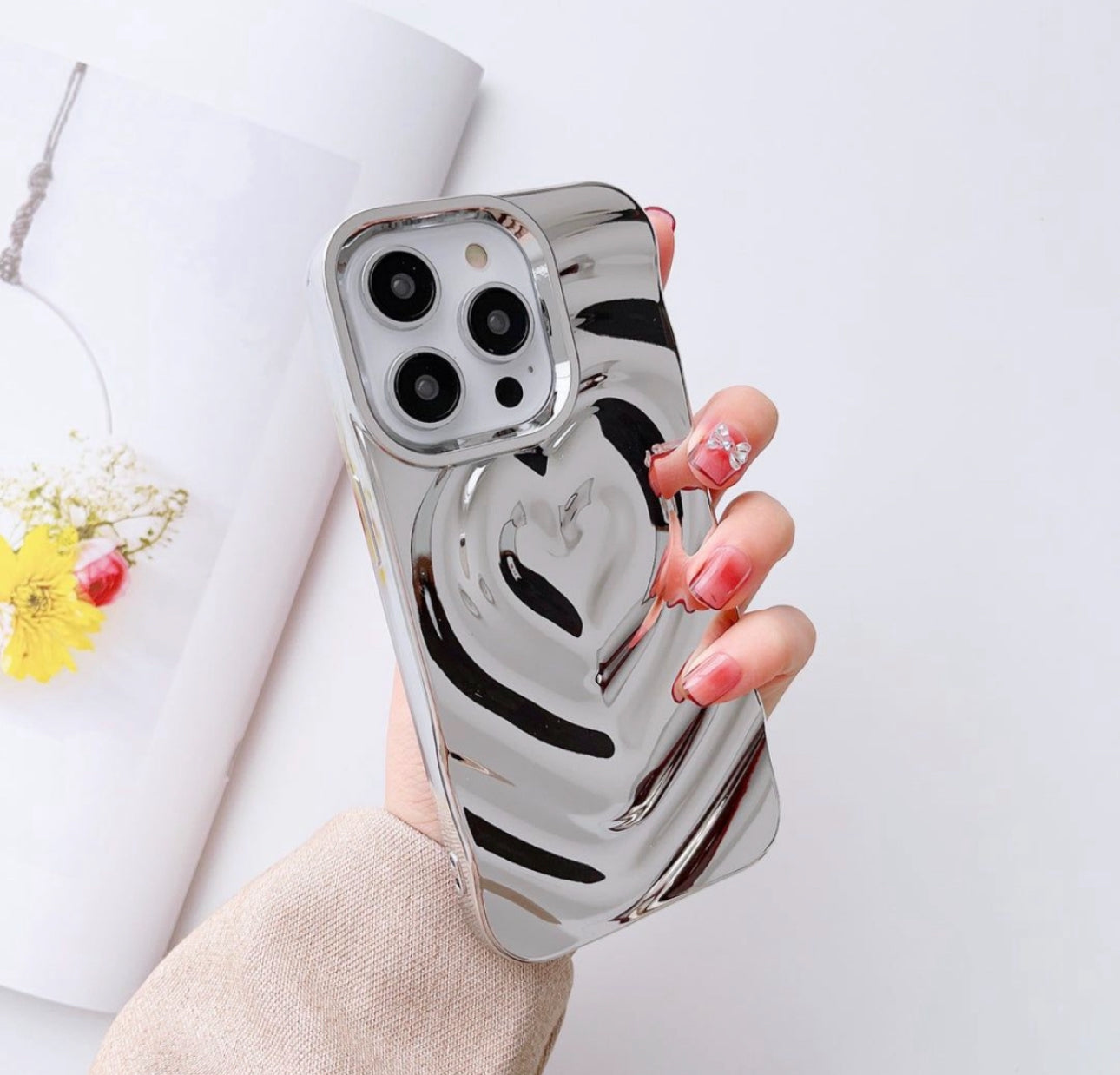 3D Silver Heart Designer Silicon Case for iPhone 15 Pro Max (Silver)