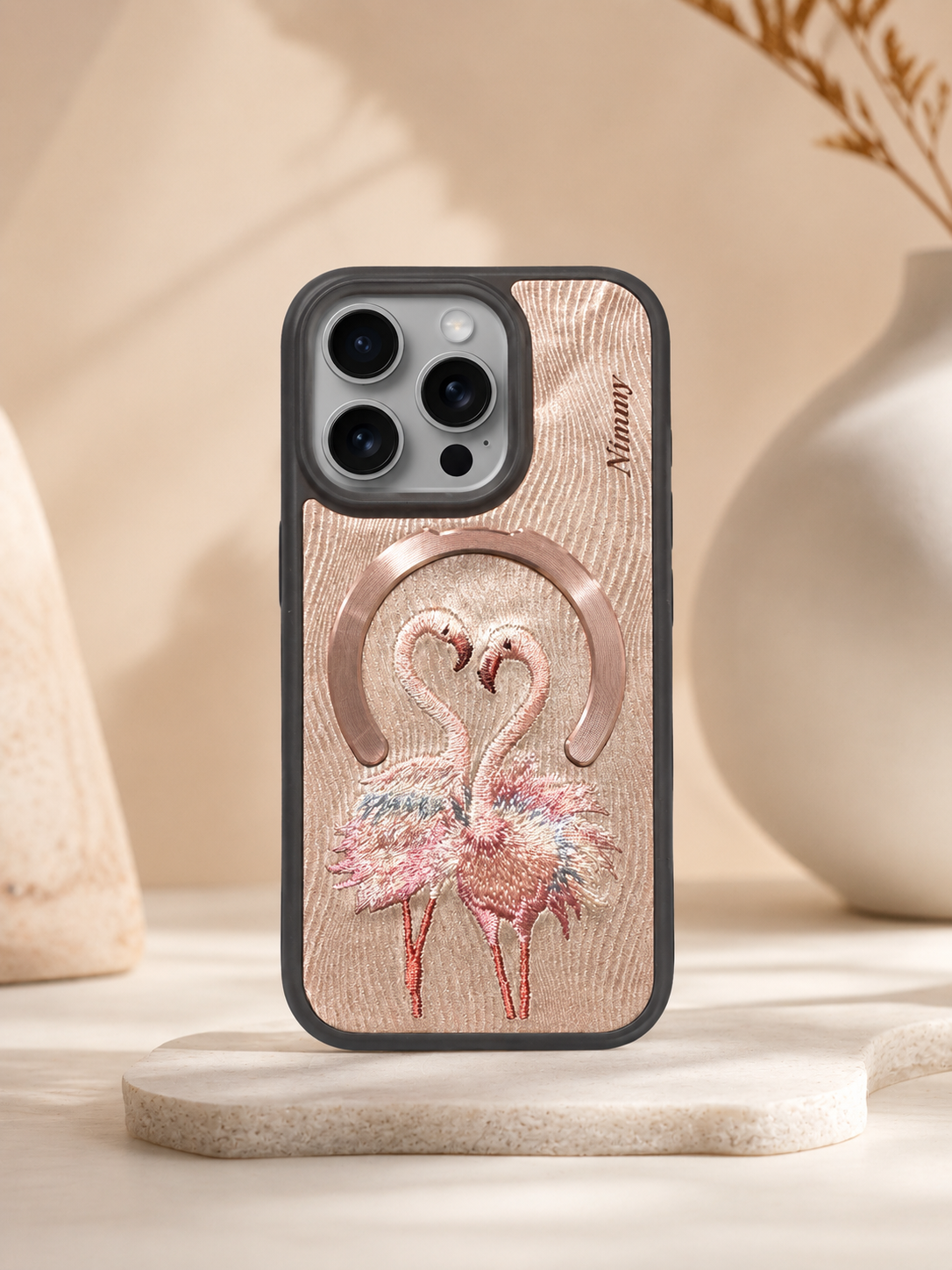Nimmy Pink Flamingo Embrioded Case For iPhone 15 Pro (Light Pink)