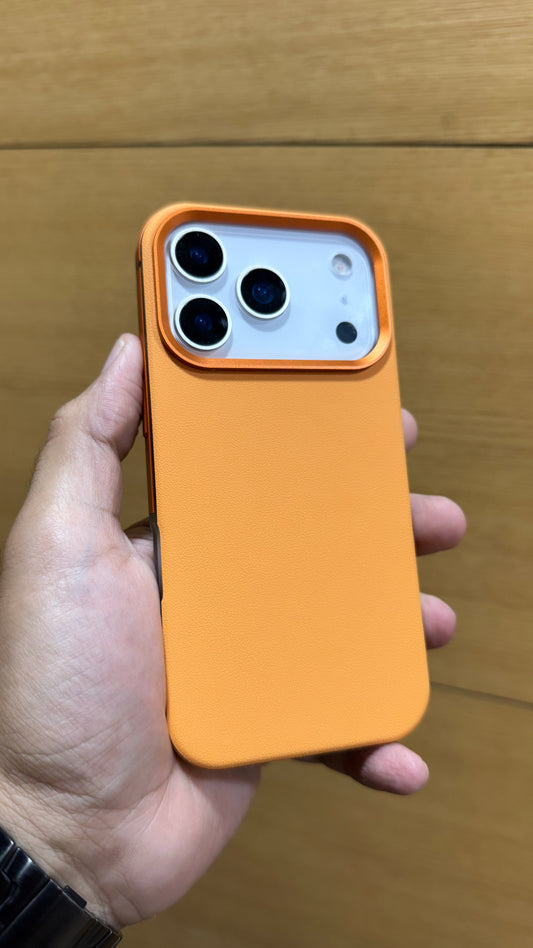 PU Leather Finish Metal Alloy Bumper Case for iPhone 17 Pro Max (ORANGE)
