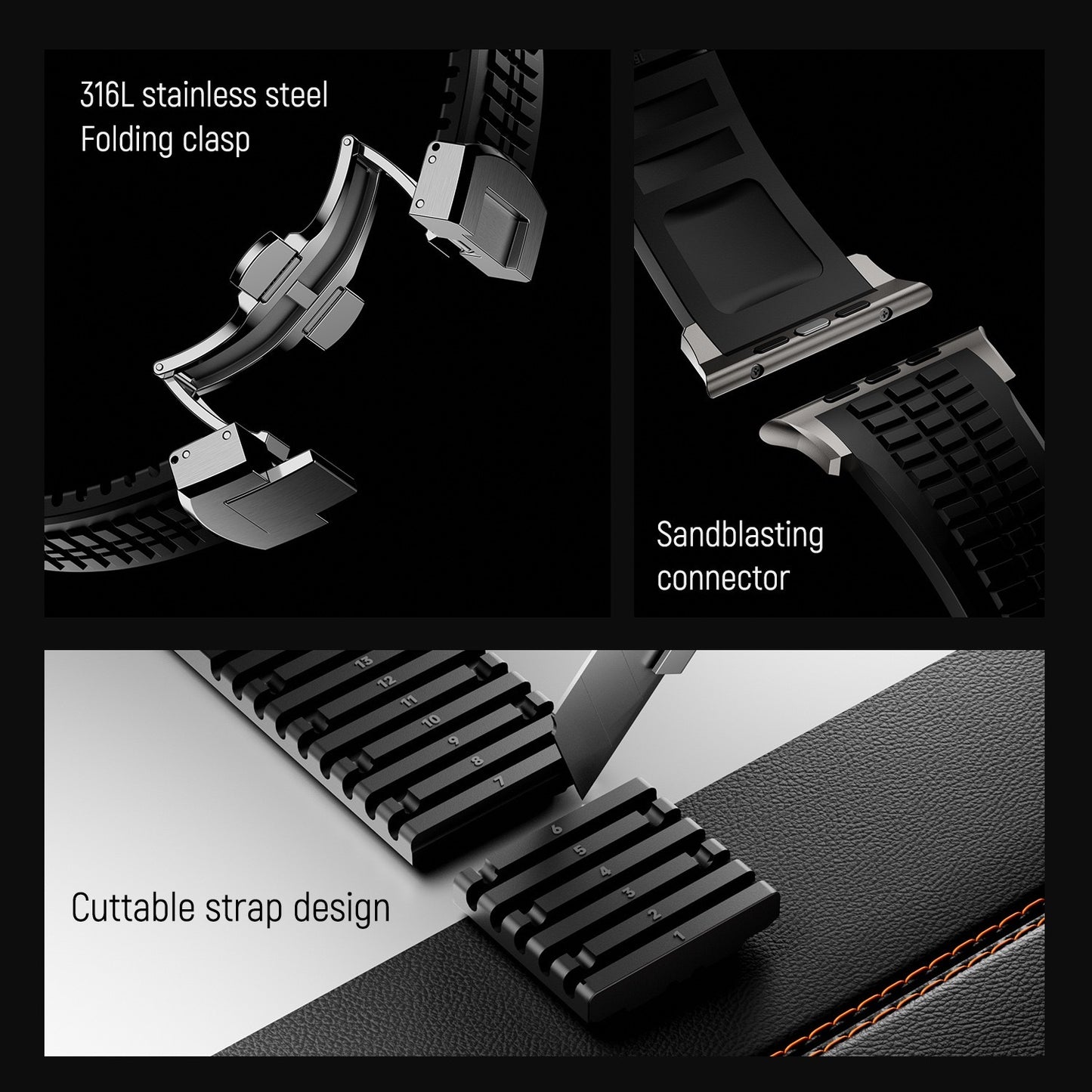 Quickfit Easy to Go Silicon Band with Natural Titanium Buckle & Connectors for Apple iWatch 44/45/46 & 49mm (Black)