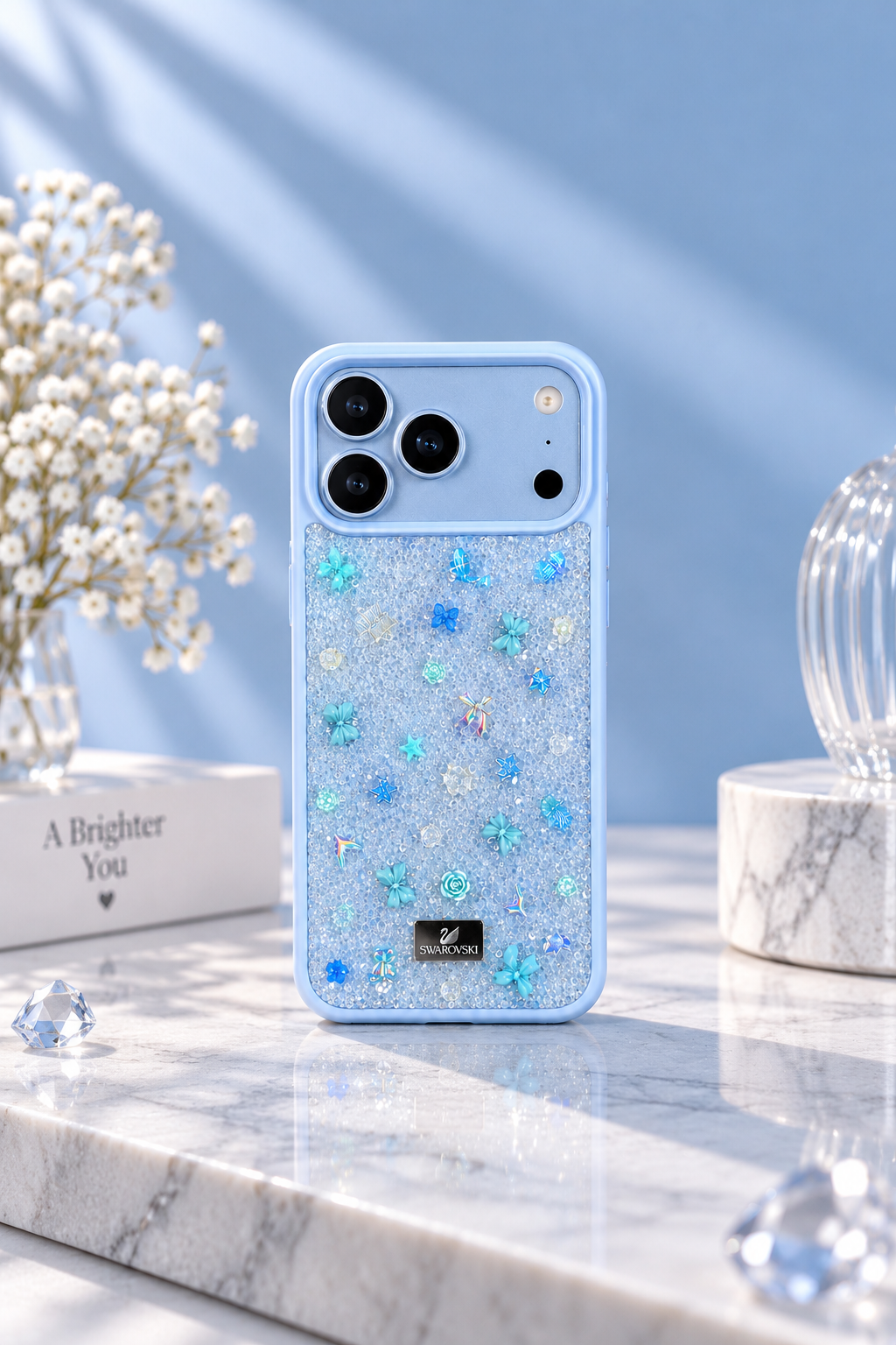 Floral Swarovski Bling World Glitter Case For iPhone 17 Pro / 18 Pro (Glacier Blue)