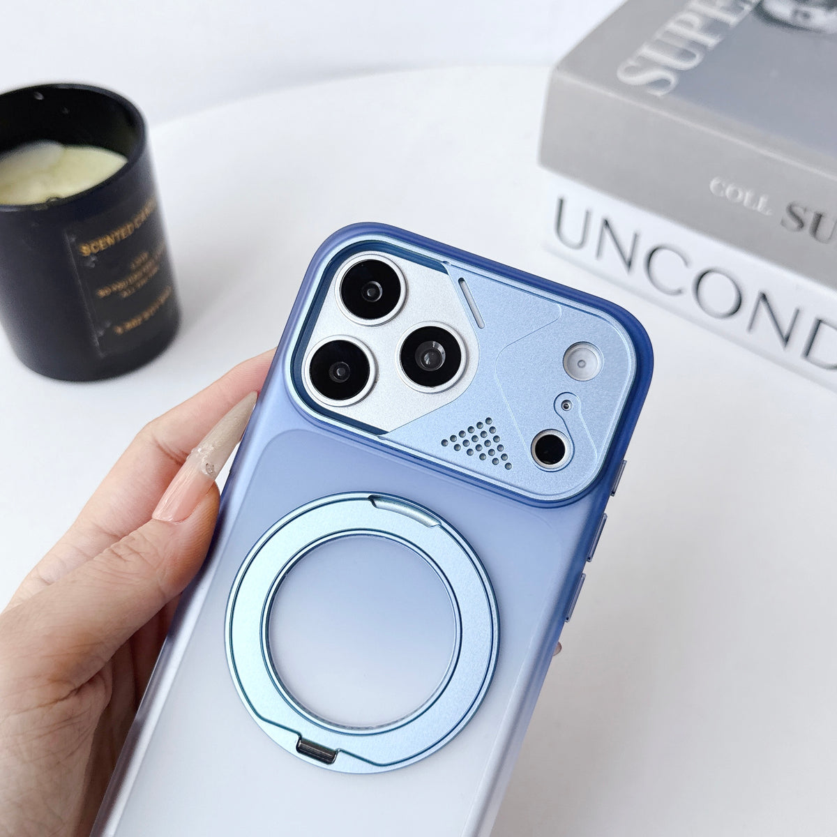 Dual Colour Matte Finish MagSafe 360° Rotating Stand With Metal Camera Cover  Hard Case For iPhone 17 Pro / 18 Pro (Glacier Blue)
