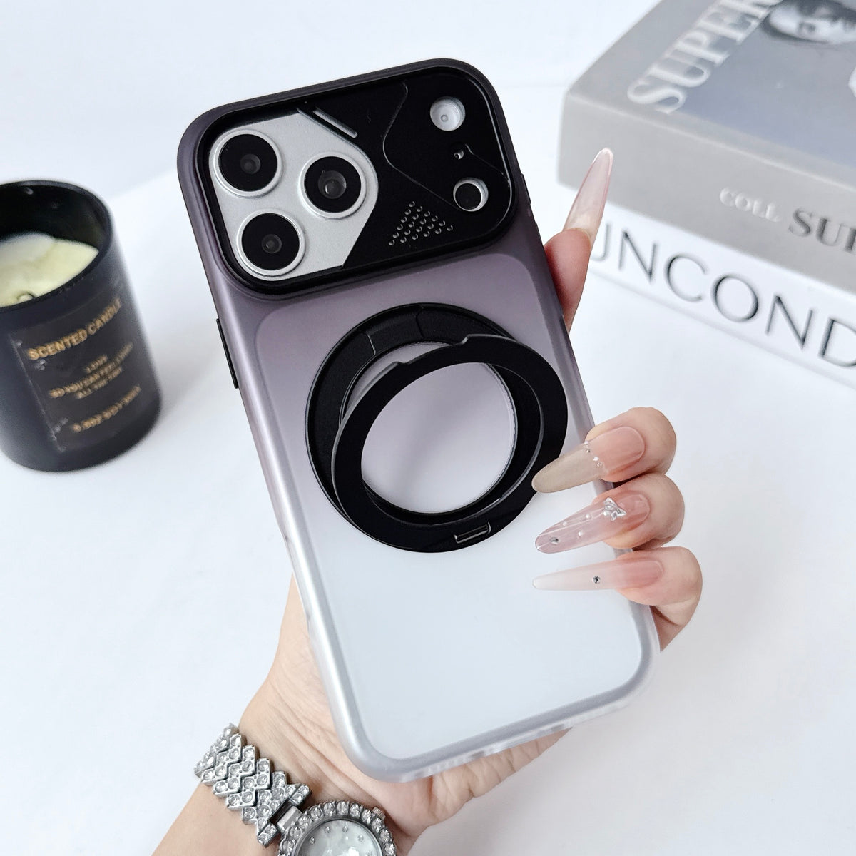 Dual Colour Matte Finish MagSafe 360° Rotating Stand With Metal Camera Cover  Hard Case For iPhone 17 Pro / 18 Pro (Black)