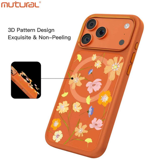 Silicon Protective Magsafe Floral Design Case for iPhone 17 Pro Max  (Orange)