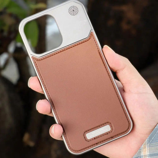 Premium Metal Frameless Case with fine PU Leather Back for iPhone 15 Pro Max (Natural Titanium/Tan Brown)
