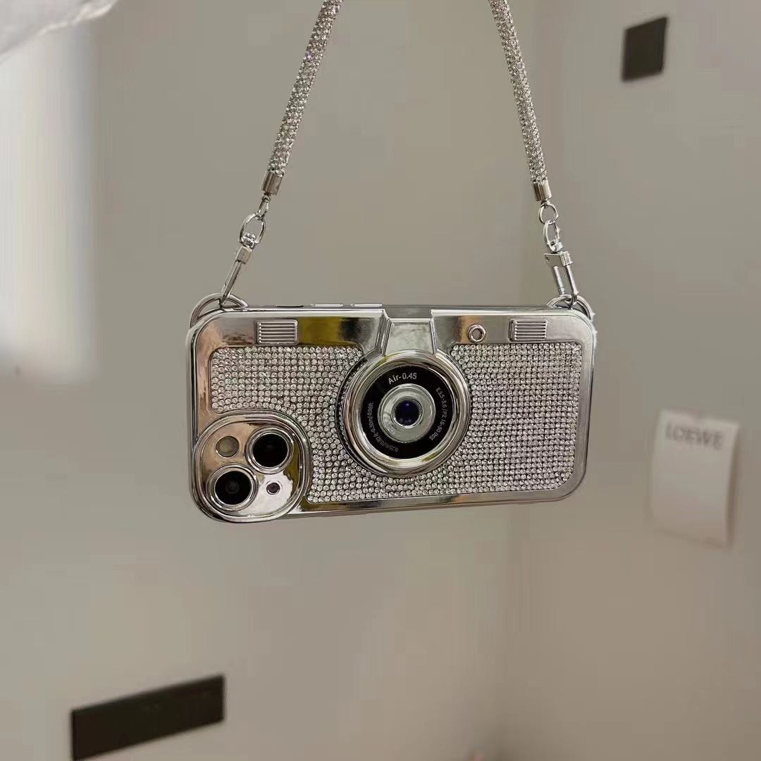 Rhinestones Glitter Retro Camera Style with Sling Girlish Case for iPhone 15