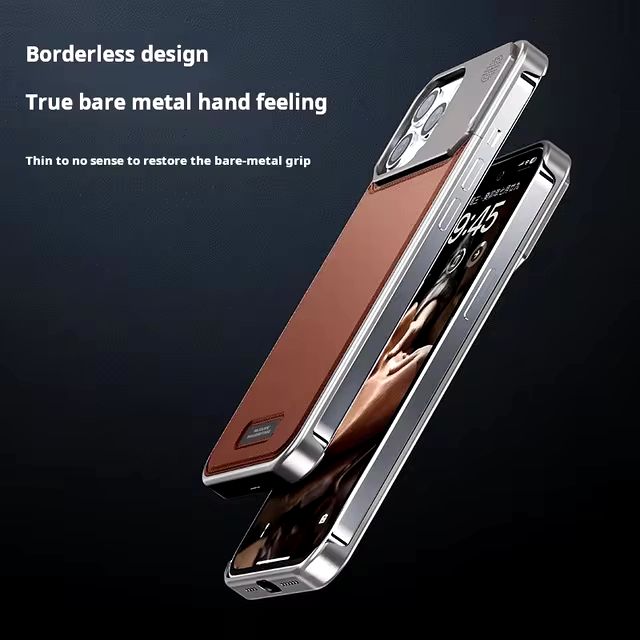 Luxury Leather Metal Magnetic Aluminum Fragrance Phone Case For iPhone 16 Pro (Tan Brown)