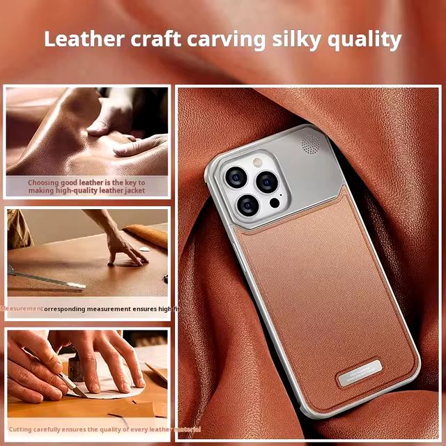 Luxury Leather Metal Magnetic Aluminum Fragrance Phone Case For iPhone 16 Pro Max (Tan Brown)