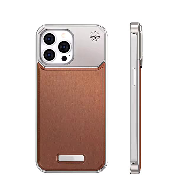 Luxury Leather Metal Magnetic Aluminum Fragrance Phone Case For iPhone 16 Pro Max (Tan Brown)