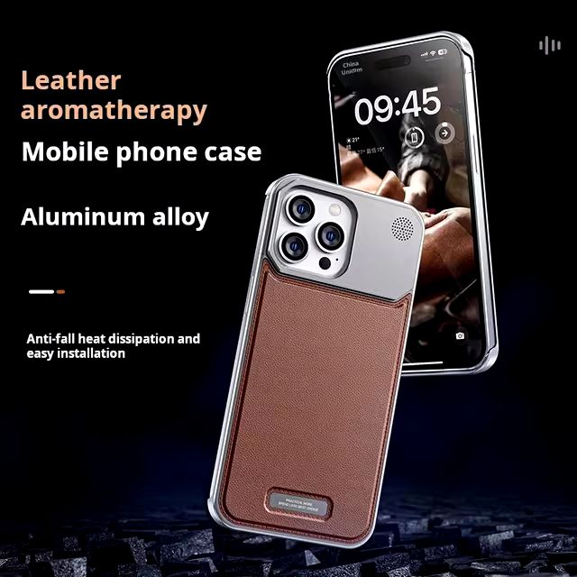 Luxury Leather Metal Magnetic Aluminum Fragrance Phone Case For iPhone 16 Pro (Tan Brown)