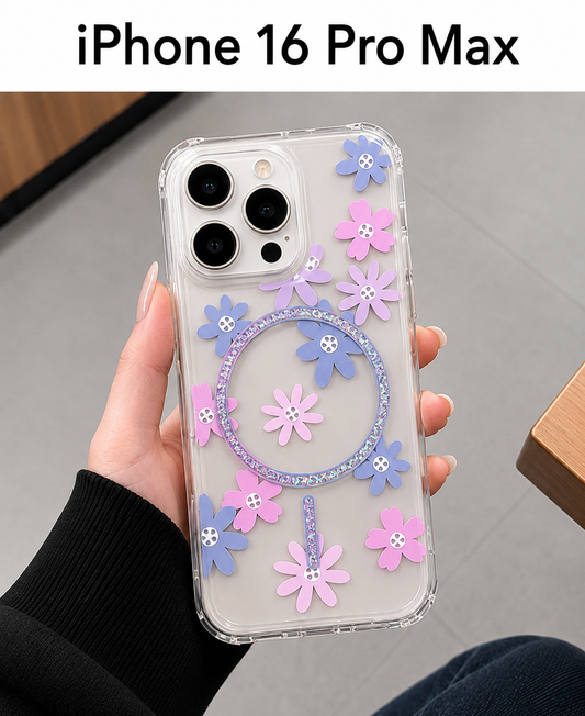 Floral Transparent Designer MagSafe Case For iPhone16 Pro Max(Pink)